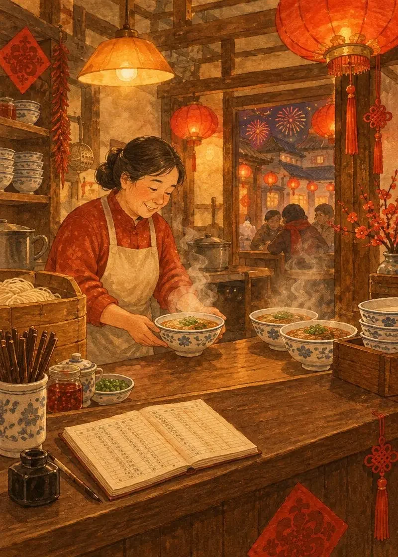 黄果短剧漫剧专区《账本里的年三十》封面 黄果短剧漫剧专区《账本里的年三十》封面:小面馆柜台上的账本与热腾腾的汤面