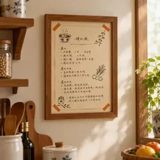黄果短剧漫剧专区 手写菜谱 厨房墙上的手写菜谱卡片,被暖橙胶带贴着